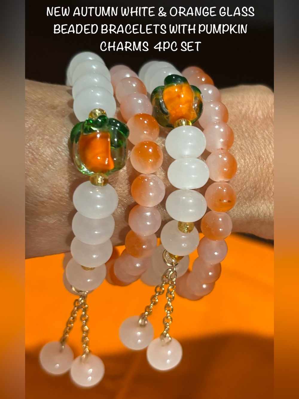New Autumn White & Orange Glass Bead Bracelet Set with Pumpkin Charms